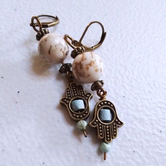 Hamsa Hand Dangle Earrings - Blessings & Protection - Natural Stone Beads - Picture 2 of 10